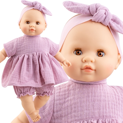Lalka Hiszpańska 36 cm Paola Reina 07075 Manus Noemi, bobas miękki brzuszek, zamyka oczy, bez włosów, opaska na głowę, sukienka, bufiaste spodenki