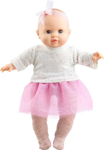 Lalka Hiszpańska 36 cm Paola Reina Manus Ursula 07070, bobas miękki brzuszek, zamyka oczy, bez włosów, opaska na głowę, sweterek, spódniczka, rajstopki