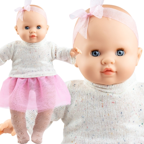 Lalka Hiszpańska 36 cm Paola Reina Manus Ursula 07070, bobas miękki brzuszek, zamyka oczy, bez włosów, opaska na głowę, sweterek, spódniczka, rajstopki