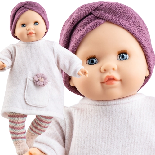 Lalka Hiszpańska 36 cm Paola Reina Manus Laya 07073, bobas miękki brzuszek, zamyka oczy, bez włosów, opaska na głowę, ciepła sukienka, rajstopki
