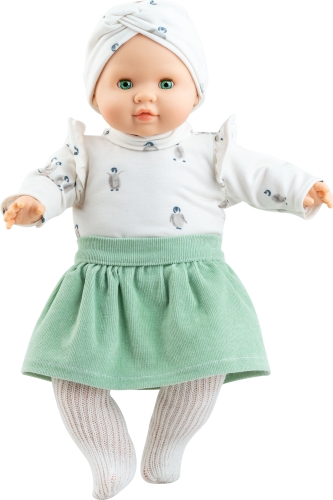 Lalka Hiszpańska 36 cm Paola Reina Manus Ana 07076, bobas miękki brzuszek, zamyka oczy, bez włosów, opaska na głowę, bluzeczka z falbankami długi rękaw, spódniczka, rajstopki