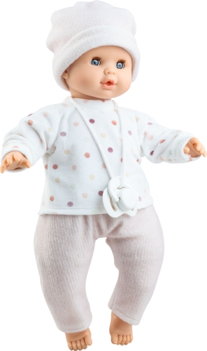 Lalka Hiszpańska 36 cm Paola Reina 08064 Alex, bobas miękki brzuszek, zamyka oczy, płacze, mówi: mama, papa, bez włosów, czapeczka, bluzka, spodenki, magnetyczny smoczek