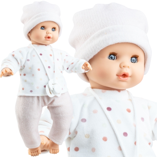 Lalka Hiszpańska 36 cm Paola Reina 08064 Alex, bobas miękki brzuszek, zamyka oczy, płacze, mówi: mama, papa, bez włosów, czapeczka, bluzka, spodenki, magnetyczny smoczek
