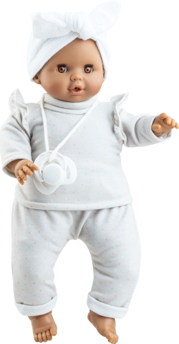 Lalka Hiszpańska 36 cm Paola Reina 08058 Sonia, bobas miękki brzuszek, zamyka oczy, płacze, mówi: mama, papa, bez włosów, opaska na głowę, bluzeczka, spodenki, magnetyczny smoczek