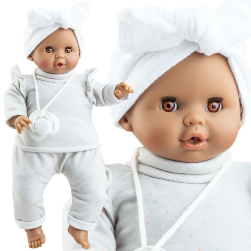 Lalka Hiszpańska 36 cm Paola Reina 08058 Sonia, bobas miękki brzuszek, zamyka oczy, płacze, mówi: mama, papa, bez włosów, opaska na głowę, bluzeczka, spodenki, magnetyczny smoczek