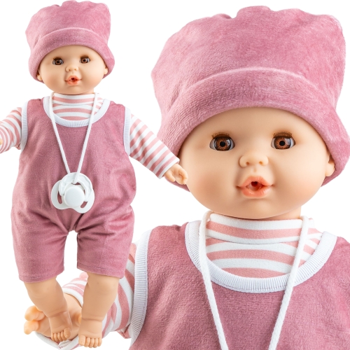 Lalka Hiszpańska 36 cm Paola Reina 08062 Alex, bobas miękki brzuszek, zamyka oczy, płacze, mówi: mama, papa, bez włosów, czapeczka, bluzka, rampers, magnetyczny smoczek