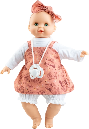 Lalka Hiszpańska 36 cm Paola Reina 08057 Sonia, bobas miękki brzuszek, zamyka oczy, płacze, mówi: mama, papa, bez włosów, opaska na głowę, bluzeczka, sukienka na szelki, bufiaste spodenki, magnetyczny smoczek