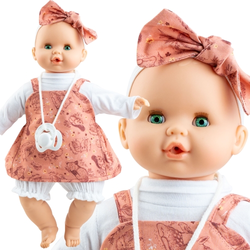Lalka Hiszpańska 36 cm Paola Reina 08057 Sonia, bobas miękki brzuszek, zamyka oczy, płacze, mówi: mama, papa, bez włosów, opaska na głowę, bluzeczka, sukienka na szelki, bufiaste spodenki, magnetyczny smoczek