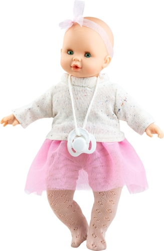 Lalka Hiszpańska 36 cm Paola Reina 08060 Sonia, bobas miękki brzuszek, zamyka oczy, płacze, mówi: mama, papa, bez włosów, opaska na głowę, sweterek, spódniczka, rajstopki, magnetyczny smoczek