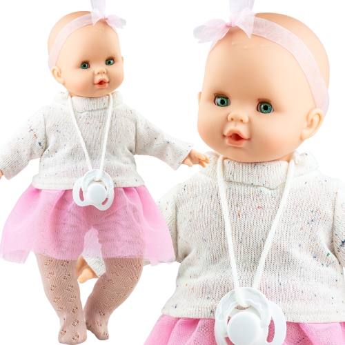 Lalka Hiszpańska 36 cm Paola Reina 08060 Sonia, bobas miękki brzuszek, zamyka oczy, płacze, mówi: mama, papa, bez włosów, opaska na głowę, sweterek, spódniczka, rajstopki, magnetyczny smoczek