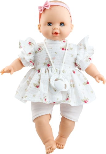 Lalka Hiszpańska 36 cm Paola Reina 08061 Sonia, bobas miękki brzuszek, zamyka oczy, płacze, mówi: mama, papa, bez włosów, opaska na głowę, sukienka, krótkie legginsy, magnetyczny smoczek