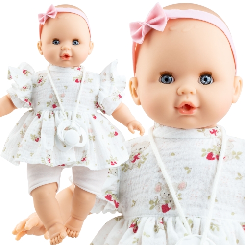 Lalka Hiszpańska 36 cm Paola Reina 08061 Sonia, bobas miękki brzuszek, zamyka oczy, płacze, mówi: mama, papa, bez włosów, opaska na głowę, sukienka, krótkie legginsy, magnetyczny smoczek