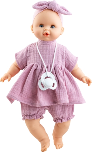 Lalka Hiszpańska 36 cm Paola Reina 08065 Sonia, bobas miękki brzuszek, zamyka oczy, płacze, mówi: mama, papa, bez włosów, opaska na głowę, sukienka, bufiaste spodenki, magnetyczny smoczek