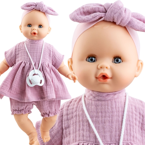Lalka Hiszpańska 36 cm Paola Reina 08065 Sonia, bobas miękki brzuszek, zamyka oczy, płacze, mówi: mama, papa, bez włosów, opaska na głowę, sukienka, bufiaste spodenki, magnetyczny smoczek