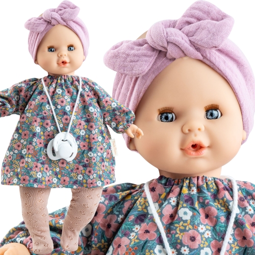 Lalka Hiszpańska 36 cm Paola Reina 08059 Sonia, bobas miękki brzuszek, zamyka oczy, płacze, mówi: mama, papa, bez włosów, opaska na głowę, sukienka, rajstopki, magnetyczny smoczek