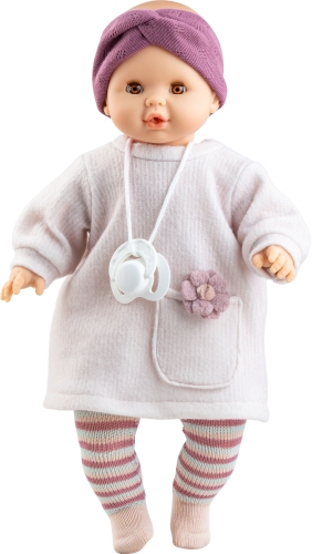 Lalka Hiszpańska 36 cm Paola Reina 08063 Sonia, bobas miękki brzuszek, zamyka oczy, płacze, mówi: mama, papa, bez włosów, opaska na głowę, sukienka, rajstopki, magnetyczny smoczek