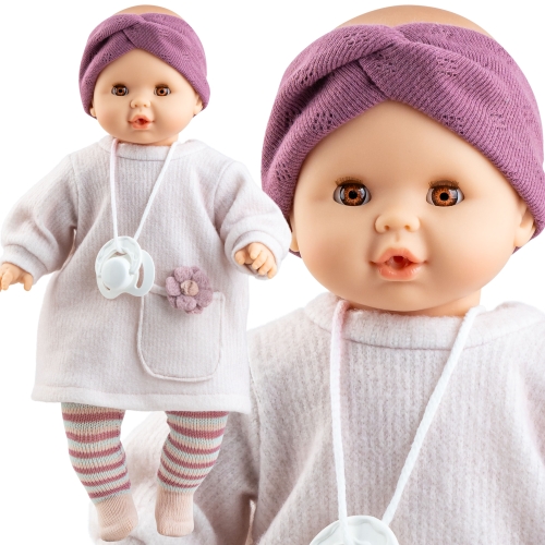 Lalka Hiszpańska 36 cm Paola Reina 08063 Sonia, bobas miękki brzuszek, zamyka oczy, płacze, mówi: mama, papa, bez włosów, opaska na głowę, sukienka, rajstopki, magnetyczny smoczek