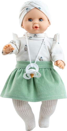 Lalka Hiszpańska 36 cm Paola Reina 08066 Sonia, bobas miękki brzuszek, zamyka oczy, płacze, mówi: mama, papa, bez włosów, opaska na głowę, bluzeczka, spódniczka, rajstopki, magnetyczny smoczek