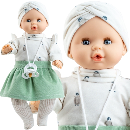 Lalka Hiszpańska 36 cm Paola Reina 08066 Sonia, bobas miękki brzuszek, zamyka oczy, płacze, mówi: mama, papa, bez włosów, opaska na głowę, bluzeczka, spódniczka, rajstopki, magnetyczny smoczek