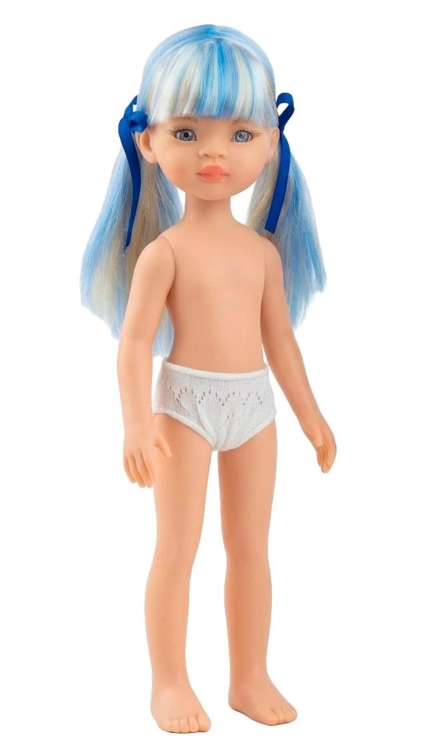 Lalka Hiszpańska 32 cm Paola Reina Amigas 32534 Cassandra, klasyczna, cała z winylu, w majteczkach, bez ubranka, włosy w biało-niebieskie pasemka, niebieskie oczy