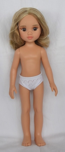 Lalka Hiszpańska 32 cm Paola Reina Amigas Pilar 32702, klasyczna, cała z winylu, w majteczkach, bez ubranka, blond włosy z jasnymi pasemkami, brązowe oczy