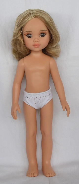 Lalka Hiszpańska 32 cm Paola Reina Amigas Pilar 32702, klasyczna, cała z winylu, w majteczkach, bez ubranka, blond włosy z jasnymi pasemkami, brązowe oczy
