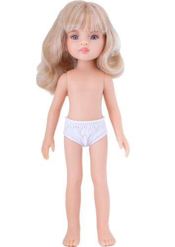 Lalka Hiszpańska 32 cm Paola Reina Amigas Roxana 32735, klasyczna, cała z winylu, w majteczkach, bez ubranka, jasnoblond włosy z grzywką, niebieskie oczy