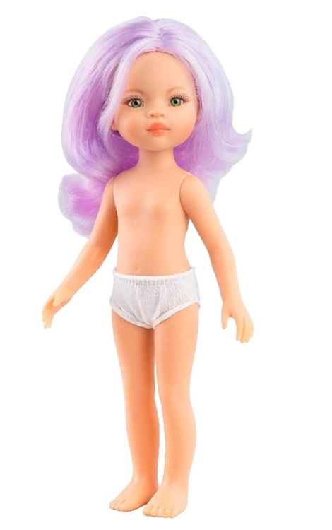 Lalka Hiszpańska 32 cm Paola Reina Amigas Violeta 32719, klasyczna, cała z winylu, w majteczkach, bez ubranka, jasnofioletowe włosy, zielone oczy