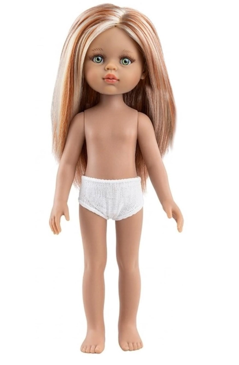 Lalka Hiszpańska 32 cm Paola Reina Amigas Caya 32724, klasyczna, cała z winylu, śniada skóra, w majteczkach, bez ubranka, włosy w pasemkach, zielone oczy