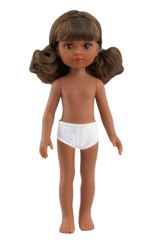 Lalka Hiszpańska 32 cm Paola Reina Amigas Kim 32722, klasyczna, cała z winylu, ciemna skóra, w majteczkach, bez ubranka, brązowe włosy z grzywką, brązowe oczy