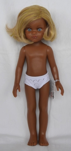 Lalka Hiszpańska 32 cm Paola Reina Amigas Kira 32539, klasyczna, cała z winylu, ciemna skóra, w majteczkach, bez ubranka, blond włosy z żółtymi pasemkami, niebieskie oczy