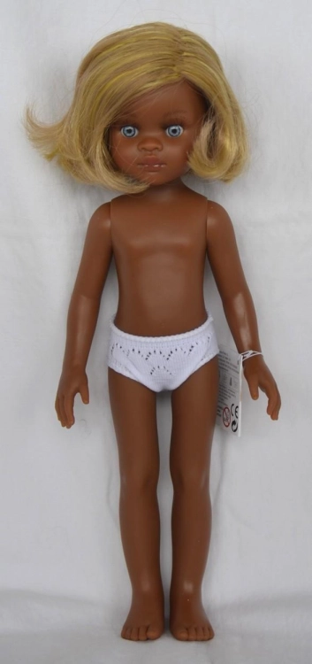 Lalka Hiszpańska 32 cm Paola Reina Amigas Kira 32539, klasyczna, cała z winylu, ciemna skóra, w majteczkach, bez ubranka, blond włosy z żółtymi pasemkami, niebieskie oczy