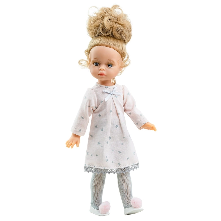 Lalka Hiszpańska 21 cm Paola Reina Mini Amigas Marina 02112, cała z winylu, kręcone  włosy spięte w kucyk, sukienka, rajstopki, buciki