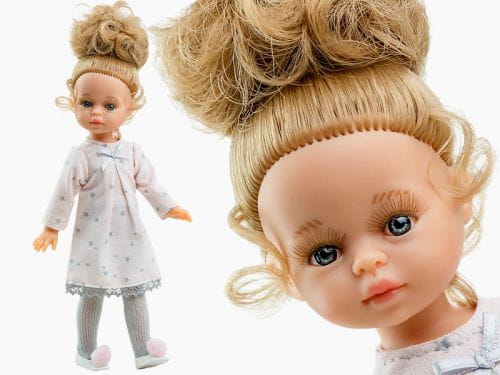 Lalka Hiszpańska 21 cm Paola Reina Mini Amigas Marina 02112, cała z winylu, kręcone  włosy spięte w kucyk, sukienka, rajstopki, buciki