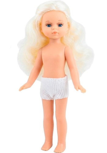 Lalka Hiszpańska 21 cm Paola Reina Mini Amigas Noelia w majteczkach, bez ubranka 21131, niebieskie oczy, białe włosy