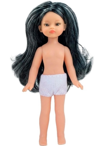 Lalka Hiszpańska 21 cm Paola Reina Mini Amigas Paula w majteczkach, bez ubranka 21141, brązowe oczy, czarne włosy z jasnymi pasemkami
