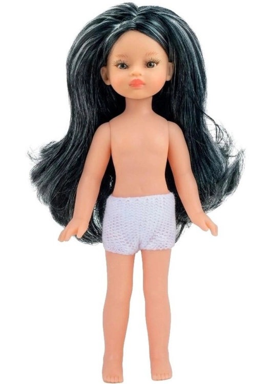 Lalka Hiszpańska 21 cm Paola Reina Mini Amigas Paula w majteczkach, bez ubranka 21141, brązowe oczy, czarne włosy z jasnymi pasemkami