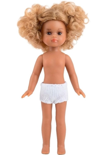 Lalka Hiszpańska 21 cm Paola Reina Mini Amigas Raquel w majteczkach, bez ubranka 21133, śniada skóra, kręcone blond włosy, brązowe oczy