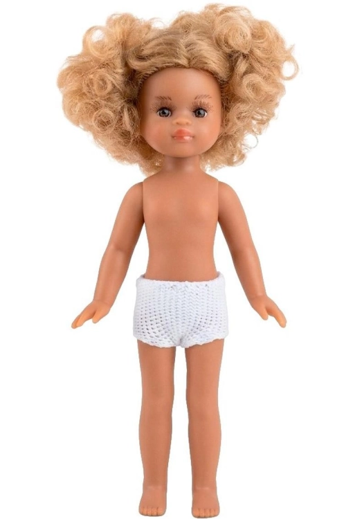 Lalka Hiszpańska 21 cm Paola Reina Mini Amigas Raquel w majteczkach, bez ubranka 21133, śniada skóra, kręcone blond włosy, brązowe oczy