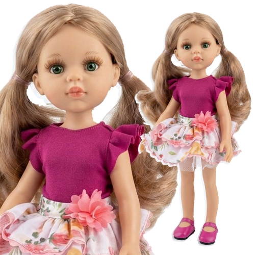 Lalka Hiszpańska 32 cm Paola Reina Amigas 78020, klasyczna, cała z winylu, niebieskie oczy, blond włosy spięte w dwa kucyki, bluzeczka, spódniczka, majteczki, buciki