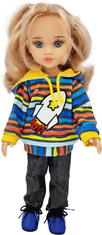 Lalka Hiszpańska 32 cm Paola Reina Amigas 78021, klasyczna, cała z winylu, niebieskie oczy, jasne blond włosy, bluza z kapturem, spodnie, buciki