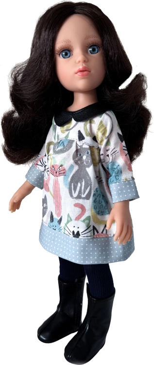 Lalka Hiszpańska 32 cm Paola Reina Amigas 78022, klasyczna, cała z winylu, niebieskie oczy, czarne włosy, sukienka, rajstopki, buciki