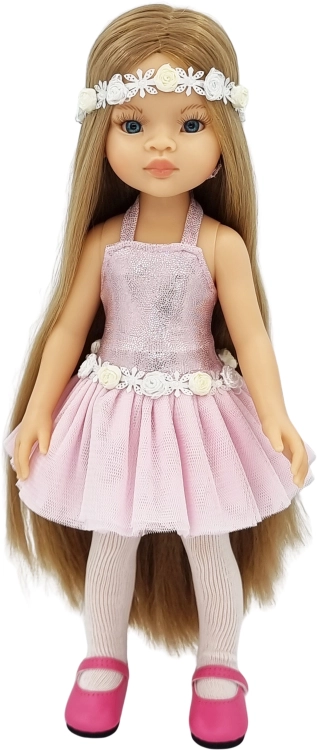 Lalka Hiszpańska 32 cm Paola Reina Amigas 78025, klasyczna, cała z winylu, niebieskie oczy, długie blond włosy, sukienka z tiulem, ozdobna opaska na głowę, rajstopki, buciki