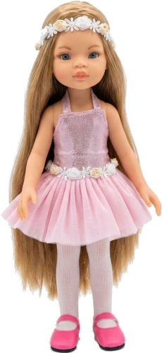 Lalka Hiszpańska 32 cm Paola Reina Amigas 78025, klasyczna, cała z winylu, niebieskie oczy, długie blond włosy, sukienka z tiulem, ozdobna opaska na głowę, rajstopki, buciki