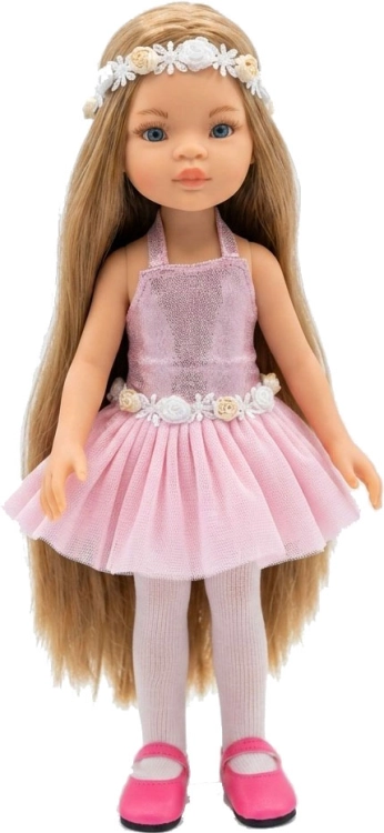 Lalka Hiszpańska 32 cm Paola Reina Amigas 78025, klasyczna, cała z winylu, niebieskie oczy, długie blond włosy, sukienka z tiulem, ozdobna opaska na głowę, rajstopki, buciki