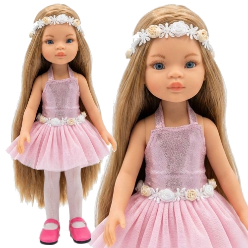 Lalka Hiszpańska 32 cm Paola Reina Amigas 78025, klasyczna, cała z winylu, niebieskie oczy, długie blond włosy, sukienka z tiulem, ozdobna opaska na głowę, rajstopki, buciki