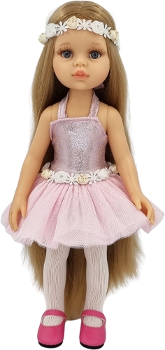 Lalka Hiszpańska 32 cm Paola Reina Amigas 78026, klasyczna, cała z winylu, niebieskie oczy, długie blond włosy, sukienka z tiulem, ozdobna opaska na głowę, rajstopki, buciki