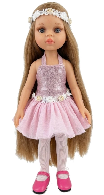Lalka Hiszpańska 32 cm Paola Reina Amigas 78026, klasyczna, cała z winylu, niebieskie oczy, długie blond włosy, sukienka z tiulem, ozdobna opaska na głowę, rajstopki, buciki