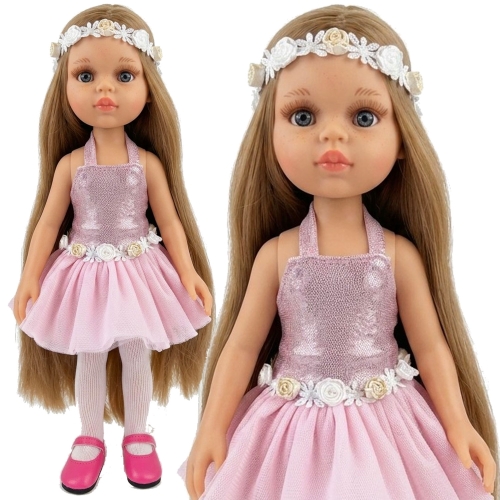Lalka Hiszpańska 32 cm Paola Reina Amigas 78026, klasyczna, cała z winylu, niebieskie oczy, długie blond włosy, sukienka z tiulem, ozdobna opaska na głowę, rajstopki, buciki