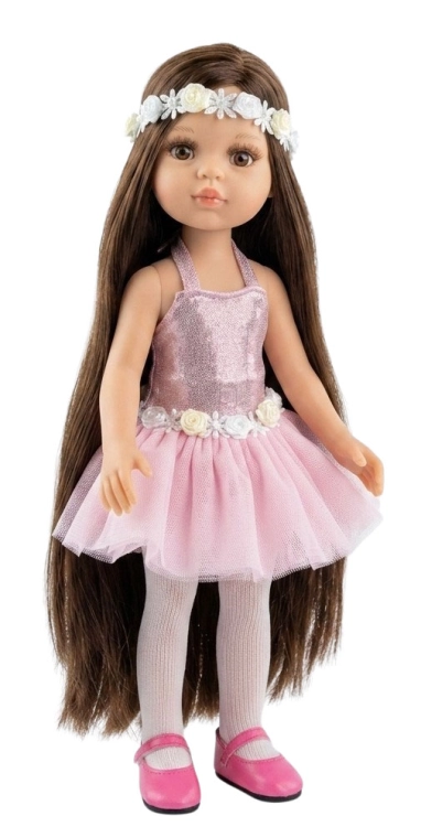 Lalka Hiszpańska 32 cm Paola Reina Amigas 78028, klasyczna, cała z winylu, brązowe oczy, długie brązowe włosy, sukienka z tiulem, ozdobna opaska na głowę, rajstopki, buciki